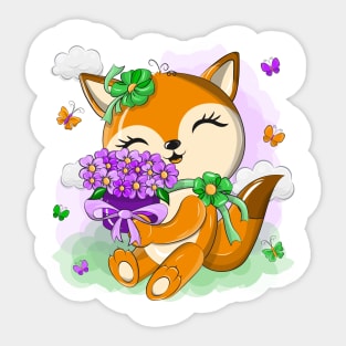 Cute orange fox with a bouquet of flowers Sticker